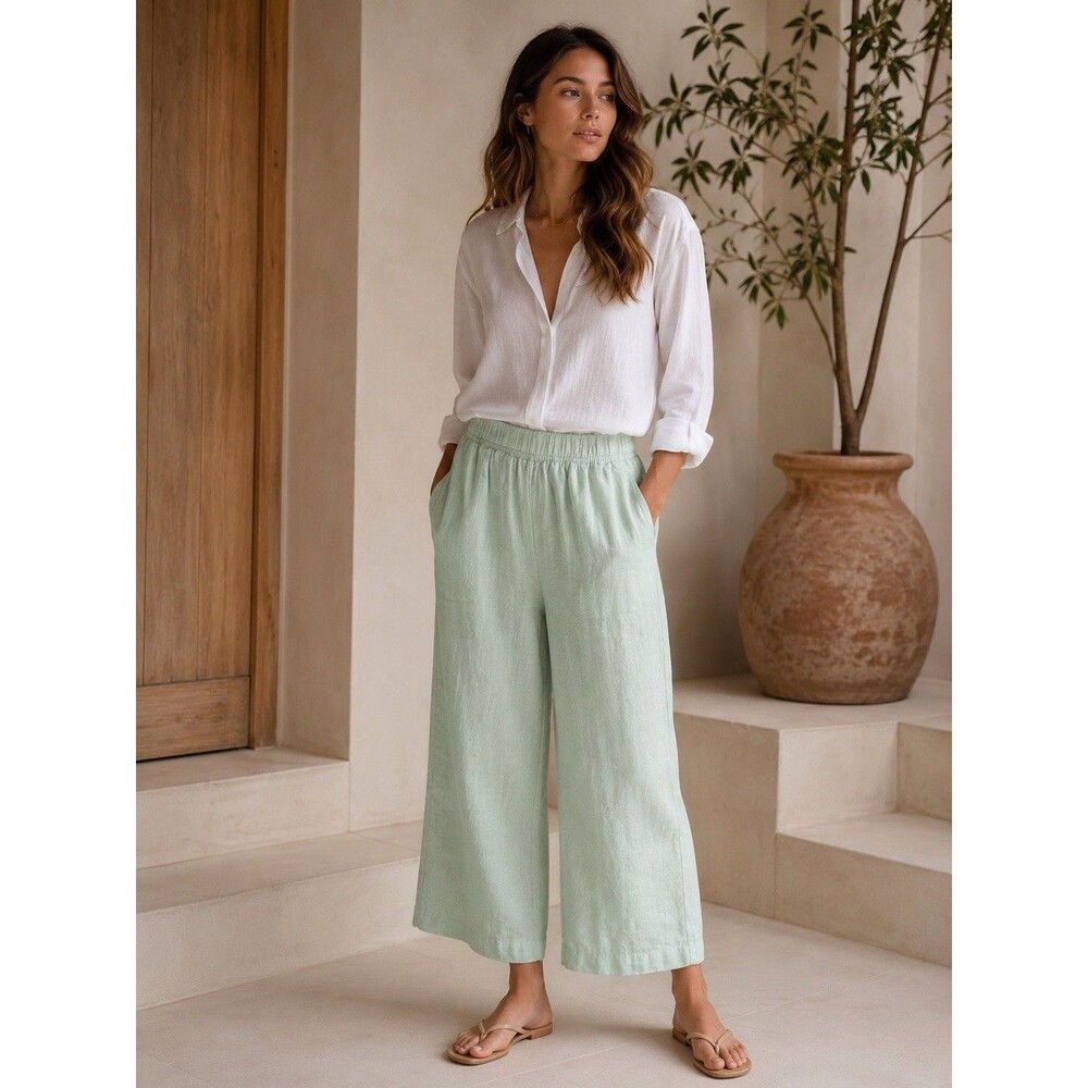 Tahari 100% Linen Wide Leg Cropped Pants Mint Green Women’s M NWT